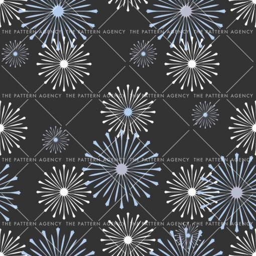 seamless pattern with abstract shapes in blue, green and white shades on a black background.