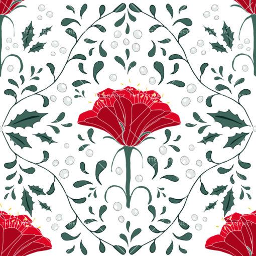 This seamless floral pattern with flowers of different shapes and sizes and green leaves on a white background gives a feeling of freshness and spring.