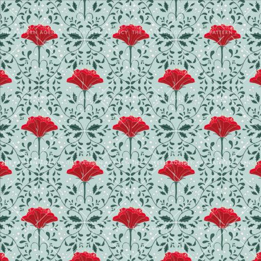 This seamless floral pattern with flowers of different shapes and sizes and green leaves on a white background gives a feeling of freshness and spring.