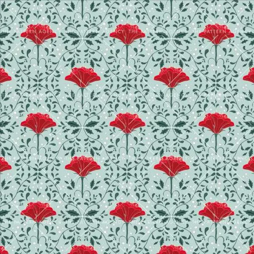 This seamless floral pattern with flowers of different shapes and sizes and green leaves on a white background gives a feeling of freshness and spring.