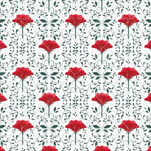 This seamless floral pattern with flowers of different shapes and sizes and green leaves on a white background gives a feeling of freshness and spring.