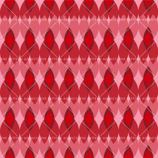 A seamless pattern of geometric shapes in shades of red and pink adorns a red background. The pattern consists of interconnected rhombuses and triangles that create a dynamic composition. The repetitive design gives a feeling of infinity and the direction of the movement can be perceived in different ways depending on the viewer's perspective.