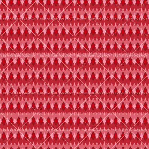 A seamless pattern of geometric shapes in shades of red and pink adorns a red background. The pattern consists of interconnected rhombuses and triangles that create a dynamic composition. The repetitive design gives a feeling of infinity and the direction of the movement can be perceived in different ways depending on the viewer's perspective.