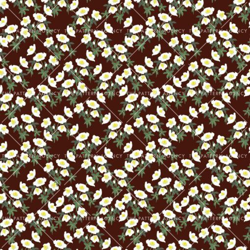 A seamless pattern with white Christmas rose flowers on a brown background. The detailed flowers with their soft petals and yellow stamens create an elegant and sophisticated feel