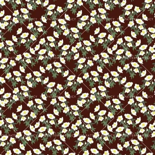 A seamless pattern with white Christmas rose flowers on a brown background. The detailed flowers with their soft petals and yellow stamens create an elegant and sophisticated feel