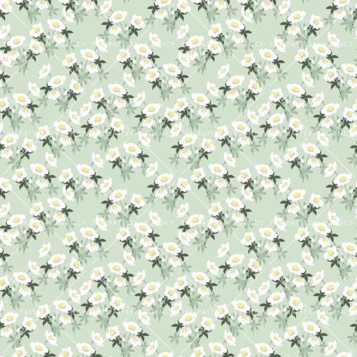 A seamless pattern with white Christmas rose flowers on a green background. The detailed flowers with their soft petals and yellow stamens create an elegant and sophisticated feel