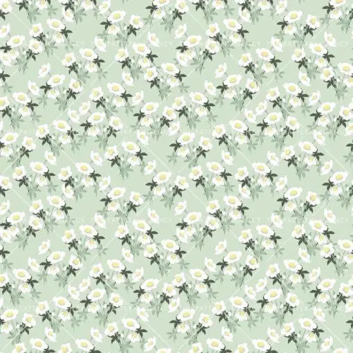 A seamless pattern with white Christmas rose flowers on a green background. The detailed flowers with their soft petals and yellow stamens create an elegant and sophisticated feel