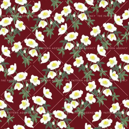 A seamless pattern with white Christmas rose flowers on a red background. The detailed flowers with their soft petals and yellow stamens create an elegant and sophisticated feel