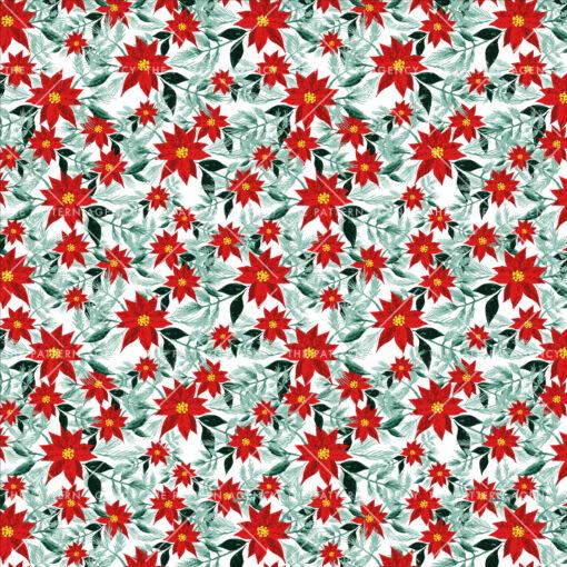 A light white background adorned with a playful floral pattern. Large red flowers adorned with yellow centers and green leaves create contrast and vibrancy to the image. Explore various types of patterns and textile designs in this colorful creation.