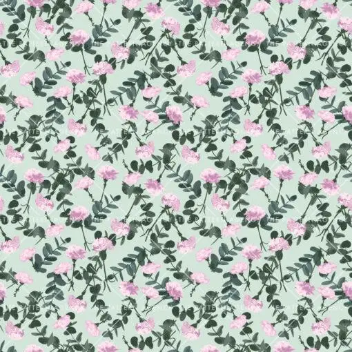 A seamless pattern with pink flowers and green leaves on a light green background. The flowers have five petals and are arranged in small clusters. The leaves are oval shaped and have a dark green edge. The pattern is classic and timeless and can be used for a variety of purposes, for example on fabric, wallpaper or paper.