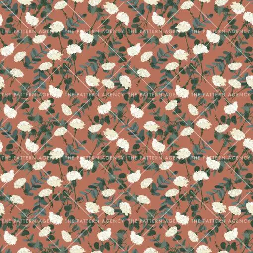 A seamless pattern with white flowers and green leaves on a dark brown background. The flowers have five petals and are arranged in small clusters. The leaves are oval and have a toothed edge. The pattern is elegant and gives a feeling of nature and calm.