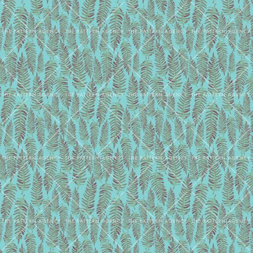 A seamless pattern with green and brown ferns on a blue background. The ferns are detailed and realistic, with soft, feather-like fronds. They are placed randomly on the fabric, but still create a sense of context and unity. The color range is limited to green, brown and blue, which gives a natural and calm look.