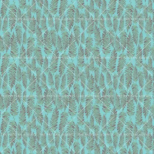 A seamless pattern with green and brown ferns on a blue background. The ferns are detailed and realistic, with soft, feather-like fronds. They are placed randomly on the fabric, but still create a sense of context and unity. The color range is limited to green, brown and blue, which gives a natural and calm look.