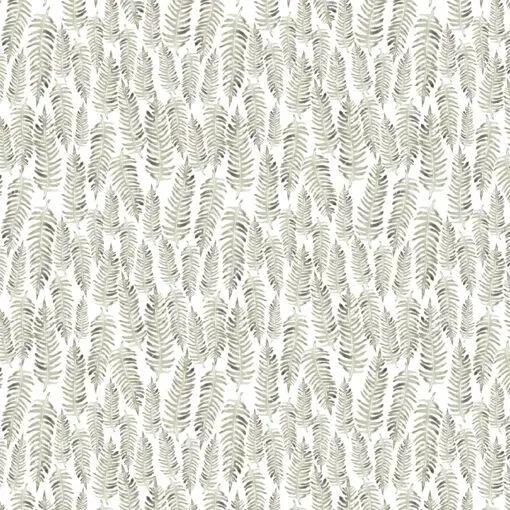 A seamless pattern of ferns on a white background. The green ferns are arranged in a repeating pattern and contrast nicely against the white background. The pattern is elegant and timeless.