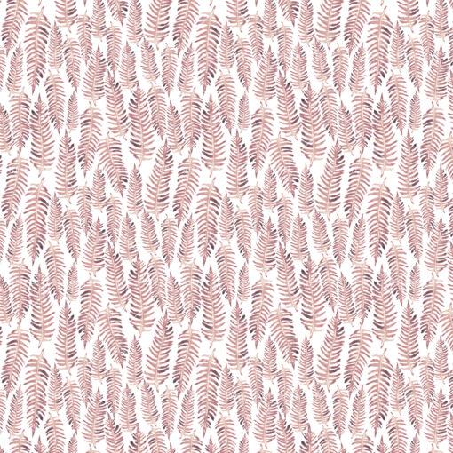 A seamless pattern with pink ferns on a white background. The ferns are detailed and realistic, with soft, feather-like fronds. They are placed randomly on the fabric, but still create a sense of context and unity. The color range is limited to pink and white, which gives a clean and elegant look.