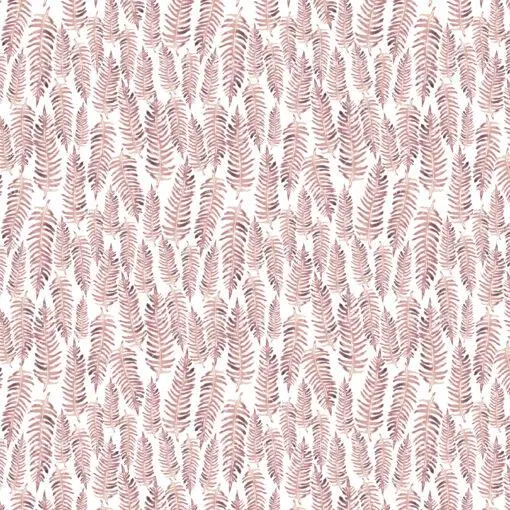 A seamless pattern with pink ferns on a white background. The ferns are detailed and realistic, with soft, feather-like fronds. They are placed randomly on the fabric, but still create a sense of context and unity. The color range is limited to pink and white, which gives a clean and elegant look.