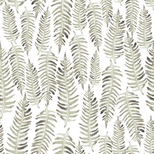 A seamless pattern of ferns on a white background. The green ferns are arranged in a repeating pattern and contrast nicely against the white background. The pattern is elegant and timeless.