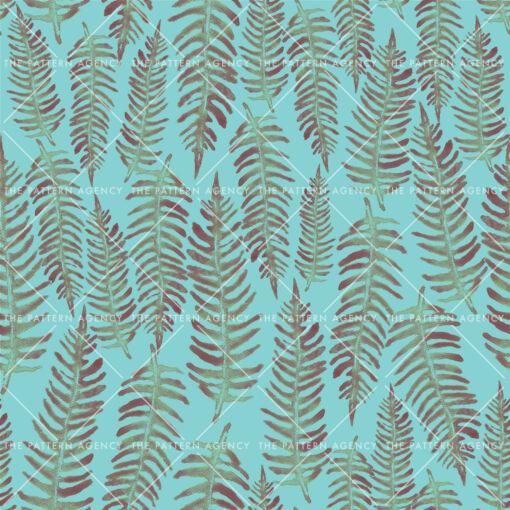 A seamless pattern with green and brown ferns on a blue background. The ferns are detailed and realistic, with soft, feather-like fronds. They are placed randomly on the fabric, but still create a sense of context and unity. The color range is limited to green, brown and blue, which gives a natural and calm look.