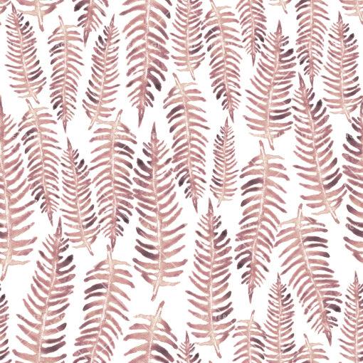 A seamless pattern with pink ferns on a white background. The ferns are detailed and realistic, with soft, feather-like fronds. They are placed randomly on the fabric, but still create a sense of context and unity. The color range is limited to pink and white, which gives a clean and elegant look.