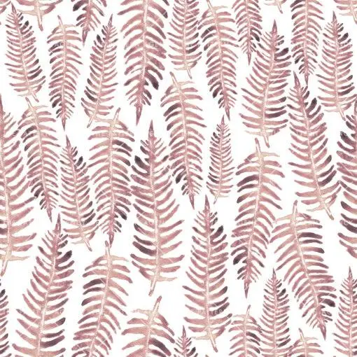 A seamless pattern with pink ferns on a white background. The ferns are detailed and realistic, with soft, feather-like fronds. They are placed randomly on the fabric, but still create a sense of context and unity. The color range is limited to pink and white, which gives a clean and elegant look.