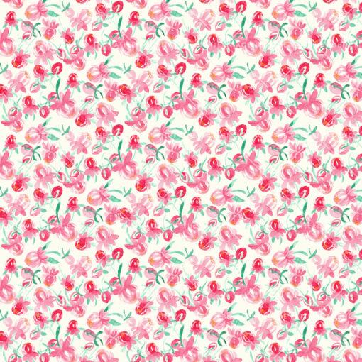 seamless floral pattern with pink flowers and green leaves on a white background. The flowers are five-petalled and have a dark pink color with white edges. The leaves are green and have an oval shape. The pattern is repetitive and creates a sense of cohesion and harmony.