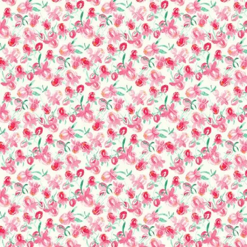 seamless floral pattern with pink flowers and green leaves on a white background. The flowers are five-petalled and have a dark pink color with white edges. The leaves are green and have an oval shape. The pattern is repetitive and creates a sense of cohesion and harmony.