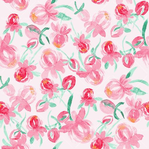 seamless floral pattern with pink flowers and green leaves on a white background. The flowers are five-petalled and have a dark pink color with white edges. The leaves are green and have an oval shape. The pattern is repetitive and creates a sense of cohesion and harmony.