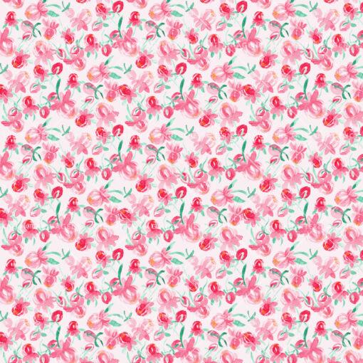 seamless floral pattern with pink flowers and green leaves on a white background. The flowers are five-petalled and have a dark pink color with white edges. The leaves are green and have an oval shape. The pattern is repetitive and creates a sense of cohesion and harmony.