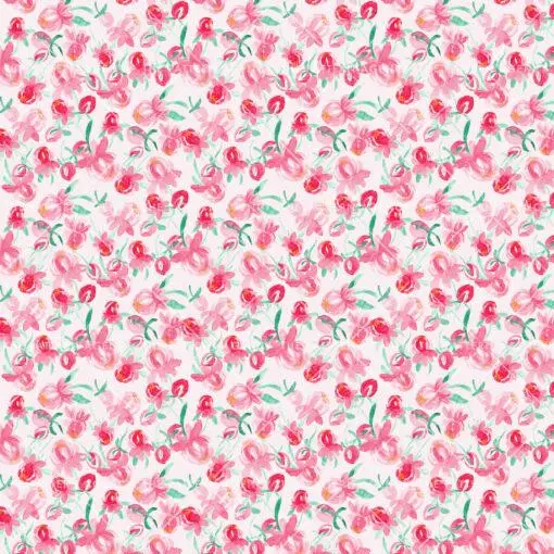 seamless floral pattern with pink flowers and green leaves on a white background. The flowers are five-petalled and have a dark pink color with white edges. The leaves are green and have an oval shape. The pattern is repetitive and creates a sense of cohesion and harmony.