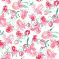 seamless floral pattern with pink flowers and green leaves on a white background. The flowers are five-petalled and have a dark pink color with white edges. The leaves are green and have an oval shape. The pattern is repetitive and creates a sense of cohesion and harmony.