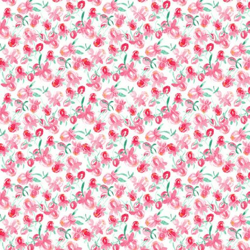 seamless floral pattern with pink flowers and green leaves on a white background. The flowers are five-petalled and have a dark pink color with white edges. The leaves are green and have an oval shape. The pattern is repetitive and creates a sense of cohesion and harmony.