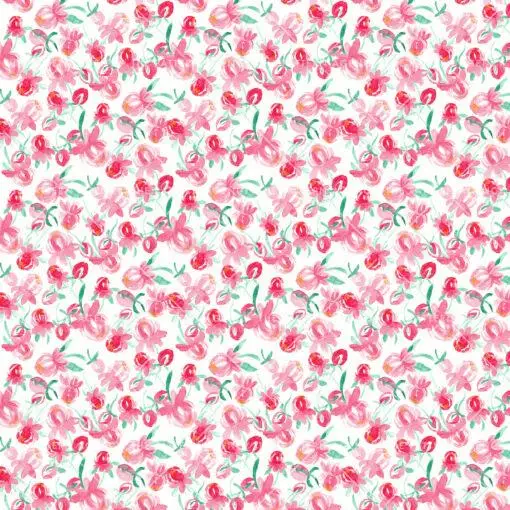 seamless floral pattern with pink flowers and green leaves on a white background. The flowers are five-petalled and have a dark pink color with white edges. The leaves are green and have an oval shape. The pattern is repetitive and creates a sense of cohesion and harmony.