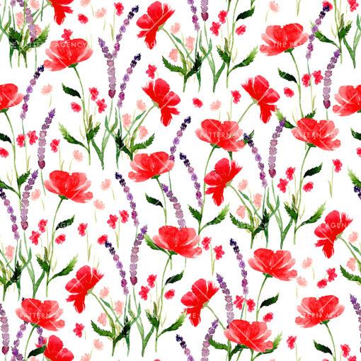 A white background adorned with beautiful floral patterns. The design features red flowers with green leaves, complemented by other flowers in shades of lilac and additional pink blossoms. This fabric pattern showcases a vibrant mix of colors, highlighting the intricacy of the floral designs. Perfect for adding a touch of nature-inspired elegance to any surface, it exemplifies the creativity of surface pattern designers