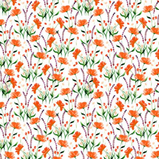 A white background adorned with beautiful floral patterns. The design features red flowers with green leaves, complemented by other flowers in shades of lilac and additional pink blossoms. This fabric pattern showcases a vibrant mix of colors, highlighting the intricacy of the floral designs. Perfect for adding a touch of nature-inspired elegance to any surface, it exemplifies the creativity of surface pattern designers