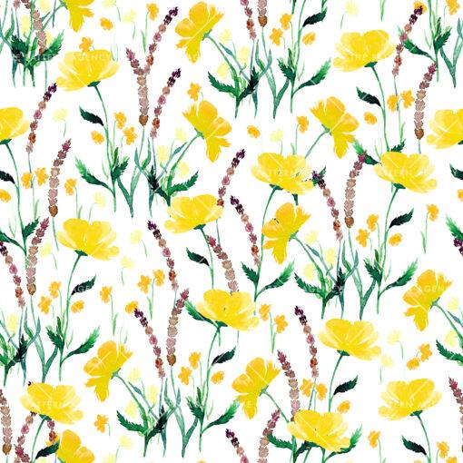 A white background adorned with beautiful floral patterns. The design features yellow flowers with green leaves, complemented by other flowers in shades of brown. This fabric pattern showcases a vibrant mix of colors, highlighting the intricacy of the floral designs. Perfect for adding a touch of nature-inspired elegance to any surface, it exemplifies the creativity of surface pattern designers