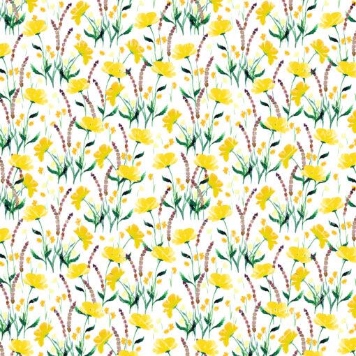 A white background adorned with beautiful floral patterns. The design features yellow flowers with green leaves, complemented by other flowers in shades of purple. This fabric pattern showcases a vibrant mix of colors, highlighting the intricacy of the floral designs. Perfect for adding a touch of nature-inspired elegance to any surface, it exemplifies the creativity of surface pattern designers