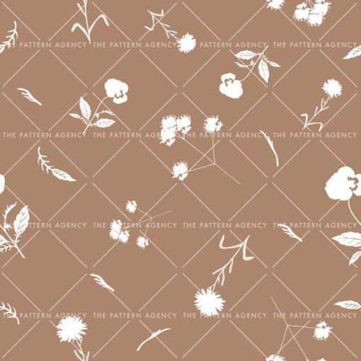 A seamless floral pattern with white flowers on a brown background. The flowers have five petals and are arranged in clusters. The background is a warm brown shade.