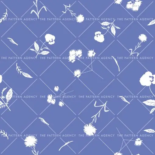 This seamless pattern features white VERBENA flowers on a light blue background. The flowers have five petals and a yellow center. They are placed randomly throughout the pattern, but with an even distribution. The background is a light blue shade that complements the white flowers perfectly