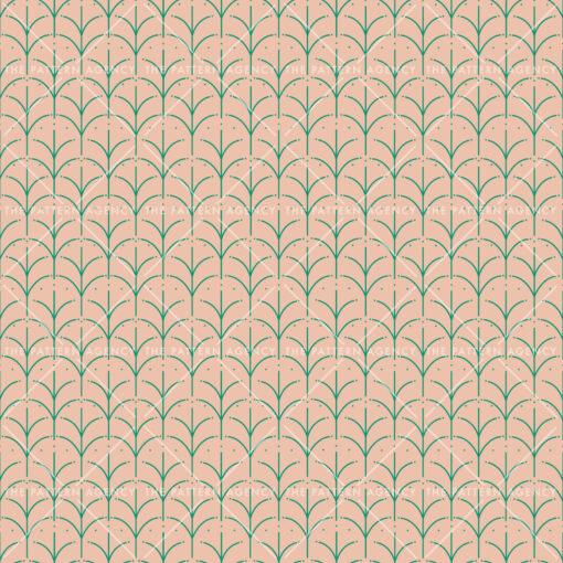 The image displays a surface pattern design with amber-colored background and green, plant-like shapes. Crafted with intricate details, this design exemplifies the creativity of surface pattern designers and showcases the beauty of fabric patterns.