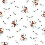 A seamless pattern with red rowan berries and green leaves on a white background. The berries are arranged in clusters and the foliage creates a soft contrast to the vibrant berries. The pattern gives a feeling of summer and freshness.