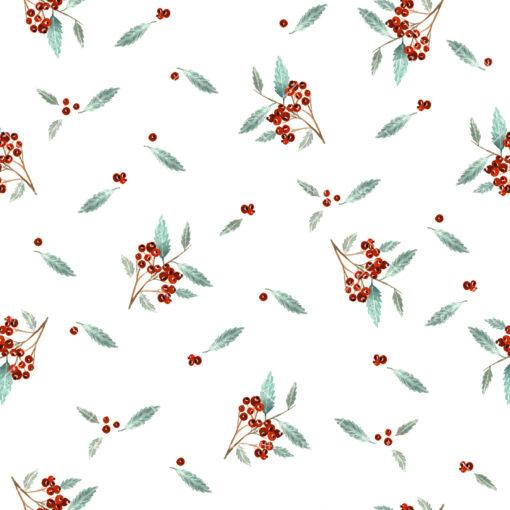 A seamless pattern with red rowan berries and green leaves on a white background. The berries are arranged in clusters and the foliage creates a soft contrast to the vibrant berries. The pattern gives a feeling of summer and freshness.