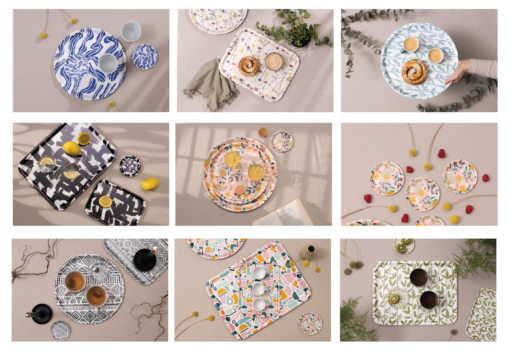 A collage of trays and coasters in various shapes and sizes, showcasing a variety of surface patterns including floral, geometric, and damask designs.