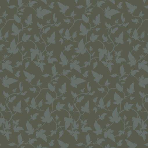 A fabric pattern featuring a dark brown-gray background with a slightly lighter, yet still dark, gray pattern. The pattern designs are shaped like plants with leaves at the top, creating an intricate and sophisticated look. This surface pattern showcases the beauty of nature through its elegant and subdued color palette, making it an excellent example for surface pattern designers