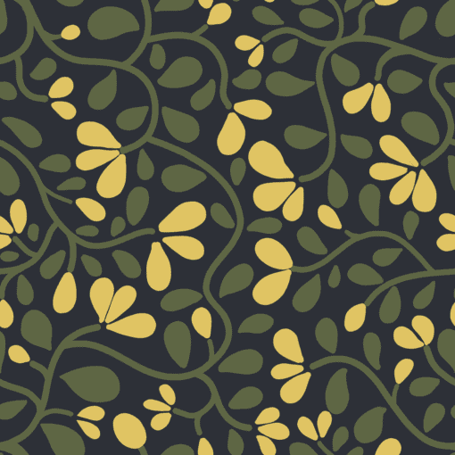 The image presents an intricate pattern against a dark blue background, conveying depth and elegance. The design features botanical elements resembling leaves and flowers, with vivid green leaves and bright yellow flowers. This surface pattern design showcases the artistry of pattern designers, harmonizing various elements for visual appeal. The contrast between the dark blue backdrop, vibrant green leaves, and cheerful yellow flowers adds dynamism and allure to the composition.