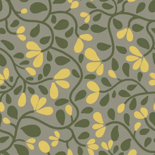 he image features a beautiful pattern design with a gray background, highlighting a nature-inspired theme. The intricate patterns resemble plants, specifically showcasing leaves and flowers that entwine gracefully. The leaves are a vibrant green, and the flowers nestled among the leaves are a cheerful yellow. This fabric pattern is an excellent example of surface pattern design, illustrating how different types of patterns can bring a sense of life and energy to a design