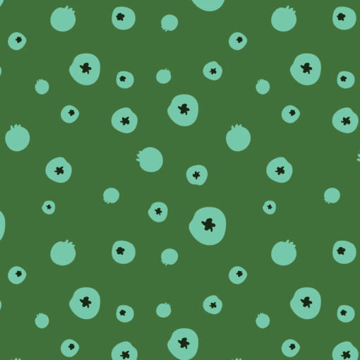 The textile showcases a green background adorned with round, blue patterns featuring black spots at the center, contributing to a vibrant visual composition. The contrast between the green backdrop and the blue circular motifs with black accents creates a captivating design. This representation underscores the versatility of pattern designs and their significance in textile creation. Surface pattern designers can utilize such intricate patterns to craft engaging fabric designs