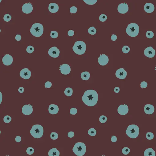 This textile features a brown background with round, blue patterns and black spots in the center, providing a distinct visual aesthetic. The pattern highlights a contrast between the deep blue circular shapes and the black spots, creating a dynamic visual effect. By exploring various patterns and designs, the diversity within pattern-making and textile design is illustrated. Surface pattern designers can leverage such patterns to create unique fabric designs.