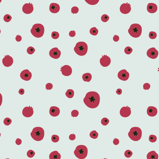 The image depicts a light gray-blue background with vibrant red blueberry-like patterns, showcasing a creative example of fabric pattern design. These patterns feature round red shapes with darker spots at their centers, resembling ripe blueberries, and are a great example of surface pattern designs. Against the gray-blue backdrop, the red blueberry motifs stand out prominently, creating a visually striking contrast that is popular in various types of patterns