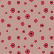 The image depicts a pinkish-brown background with vibrant red blueberry-like patterns, showcasing a creative example of fabric pattern design. These patterns feature round red shapes with darker spots at their centers, resembling ripe blueberries, and are a great example of surface pattern designs. Against the pinkish-brown backdrop, the red blueberry motifs stand out prominently, creating a visually striking contrast that is popular in various types of patterns.