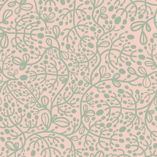 This textile is adorned with a vibrant and diverse pattern, where shades of pink, amber, and green intertwine to create a lively artwork. The pattern consists of a network of leaves, flowers, and dots, forming a harmonious and vibrant design. It reflects the rich diversity of patterns that can be created by a skilled surface pattern designer and offers a multitude of design options for various types of fabrics and materials